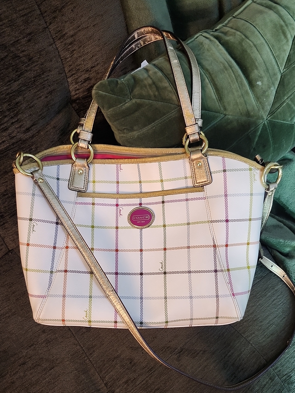 Coach Tattersall Shoulder Bag w/Pink Logo & Gold Trim Rehab! Peeling & Painted